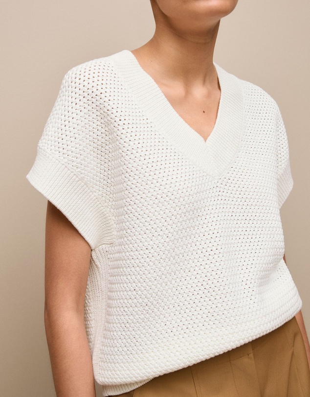 Trenery - Mercerised Cotton Basketweave Knit Vest in Off White