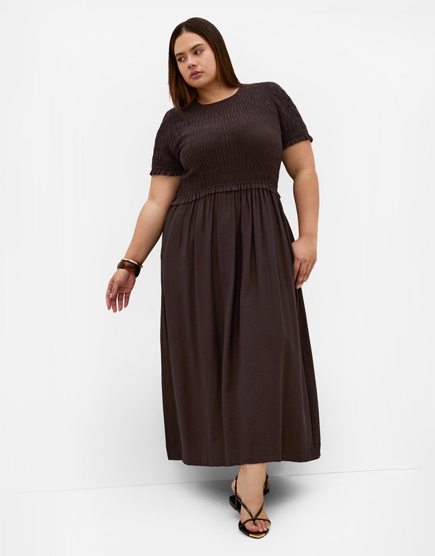 City Chic - Plus size Erika Shirred Bodice Dress - chocolate