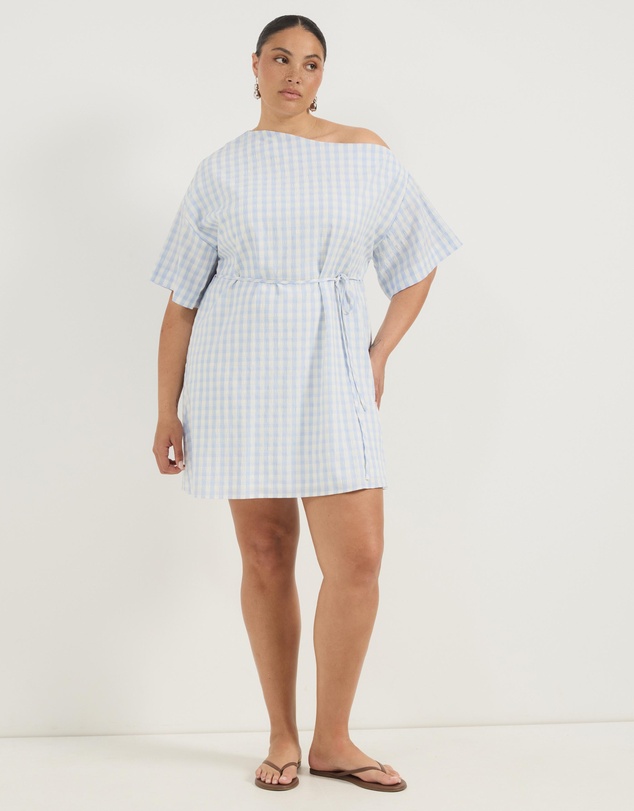Atmos&Here Curvy - Olive Off Shoulder Gingham Mini Dress With Tie Waist