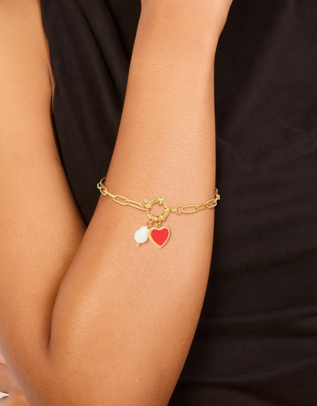 Lovisa - Waterproof Gold Plated Stainless Steel Red Enamel Heart & Pearl Charm Bracelet