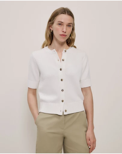 Trenery - Cotton Knit Short Sleeve Cardigan in White