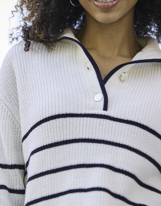 Sosandar - Stripe Gold Button Detail Collared Jumper