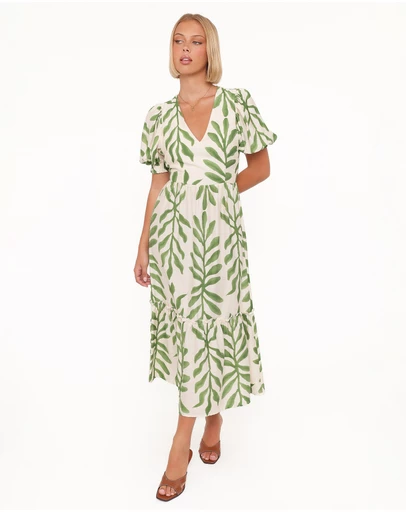 Petal & Pup - Steele Puff Sleeve Midi Dress - Green Palm