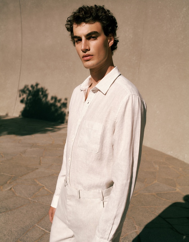 Trenery - Regular Fit Fine Stripe Linen Long Sleeve Shirt in White