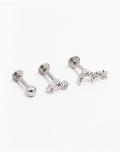 Lovisa - Surgical Steel Cubic Zirconia Star & Moon Flat Back 3-Pack