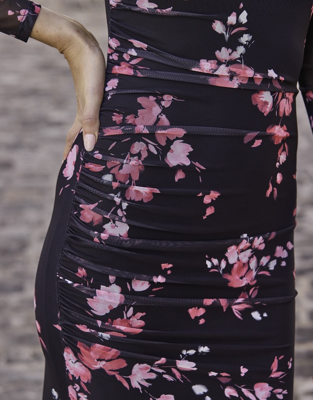 Sosandar - Floral Print V Neck Mesh Fit & Flare Dress
