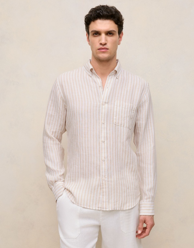 Trenery - Regular Fit Linen Bengal Stripe Shirt in Sand
