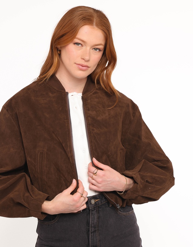 Petal & Pup - Goldie Faux Suede Bomber Jacket - Brown