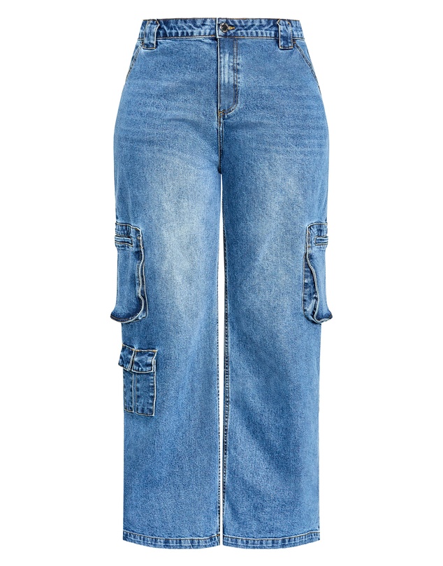 City Chic - Plus size Harley Fit Oaklyn Cargo Wide Leg Jean - mid wash