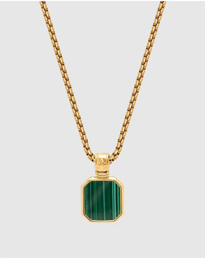 Nialaya Jewellery - Men's Gold Necklace with Square Malachite Pendant