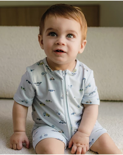 Kynd Baby - Day Or Night Onesie Short Sleeve in Blue Haze Cars