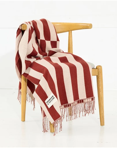 Morgan & Taylor - Soren Throw Blanket in Beige with Burgundy Red Stripes