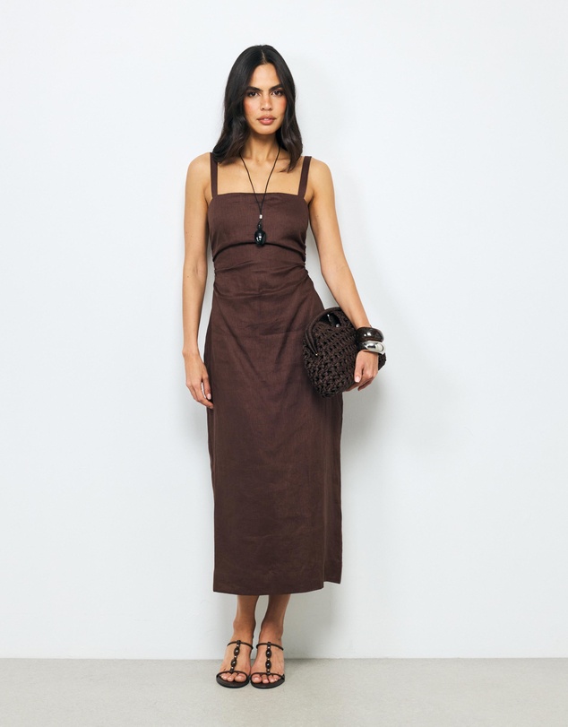 AERE - Suri Ruched Linen Midi Dress
