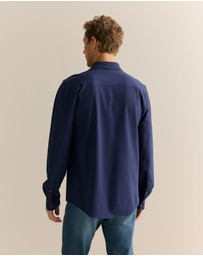 Trenery - Tailored Fit Pique Cotton Monogram Shirt in Strong Blue