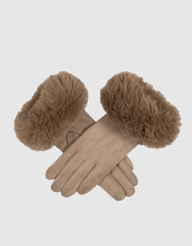 DENTS - Touchscreen Velour-Lined Faux Suede Gloves with Faux Fur Cuffs
