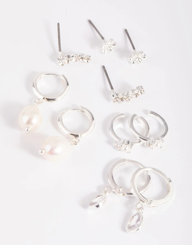 Lovisa - Silver Diamante & Freshwater Pearl Huggie Hoop Earrings