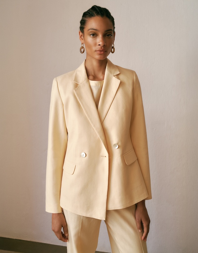 Trenery - Linen Cotton Herringbone Double Breasted Blazer in Butter
