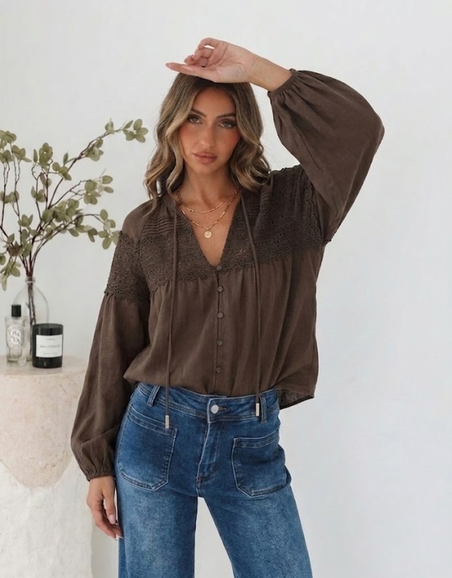 Esther & Co - Chenille Blouse - Choc Lace