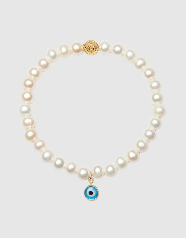 Nialaya Jewellery - Wristband with White Pearls and Blue Evil Eye Charm