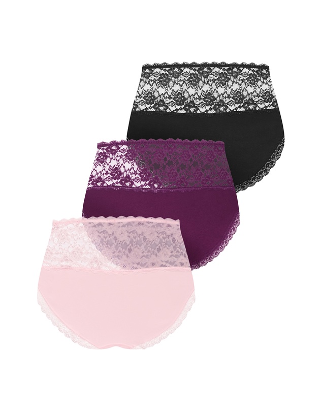 City Chic - Plus size Iris 3 Pack Cotton Hi Brief - pink icing purple iris black