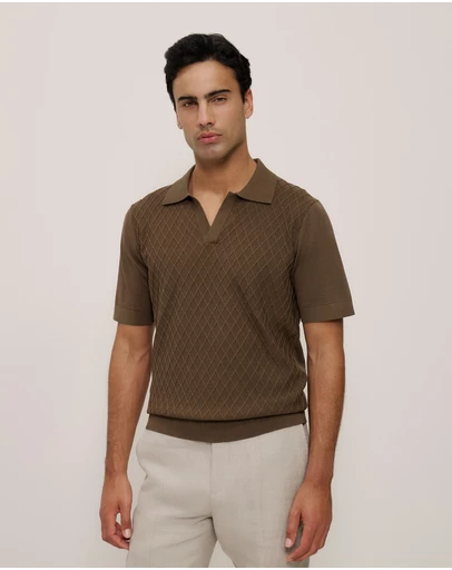 Trenery - Mercerised Diamond Knit Polo in Cocoa