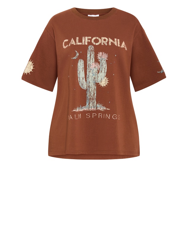 City Chic - Plus size Indigo Cactus Oversized Cotton Tee - tobacco