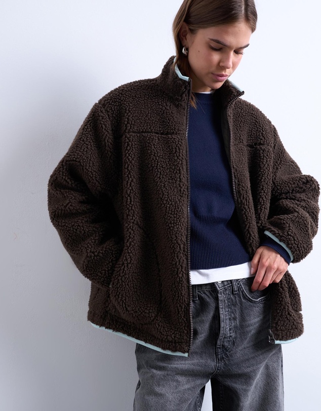 TOPSHOP - Borg Fleece Jacket with Contrast Piping