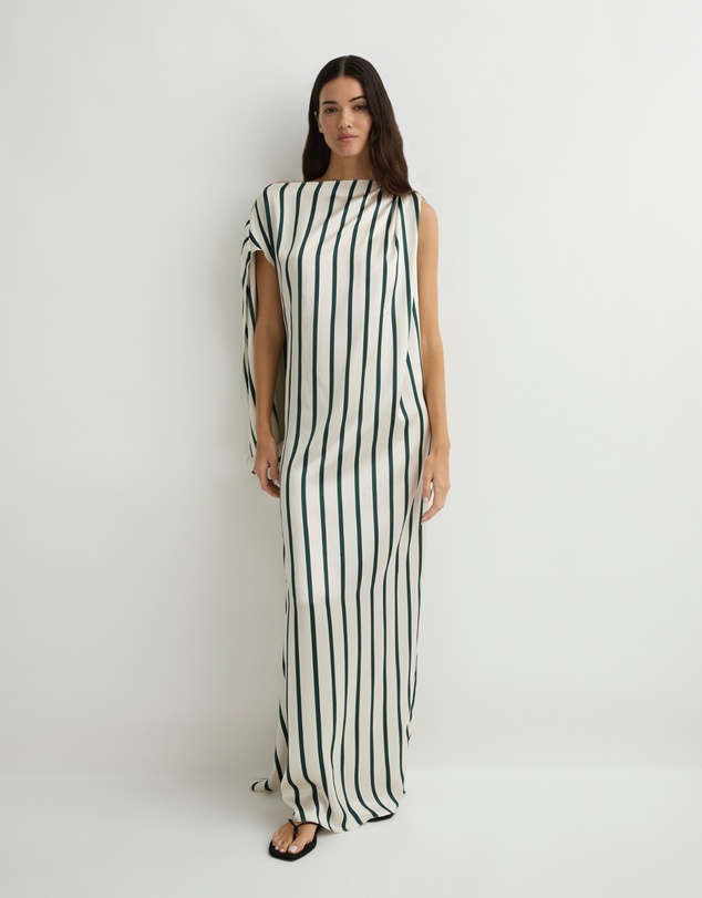 BONDI BORN - Cannes Silk Asymmetric Maxi Dress - Forest Stripe