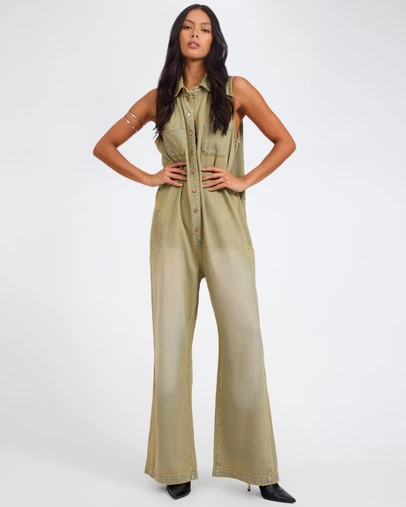 ONE TEASPOON - Braxton Wide Leg Long Length Denim Jumpsuit - Warm Khaki