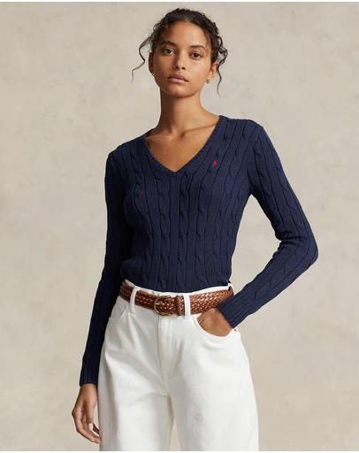 Polo Ralph Lauren - Kimberly Cable Knit Cotton V-Neck Sweater