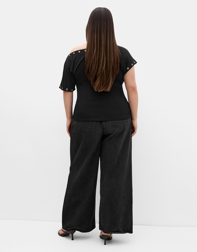 City Chic - Plus size Eyelet Off Shoulder Top - black