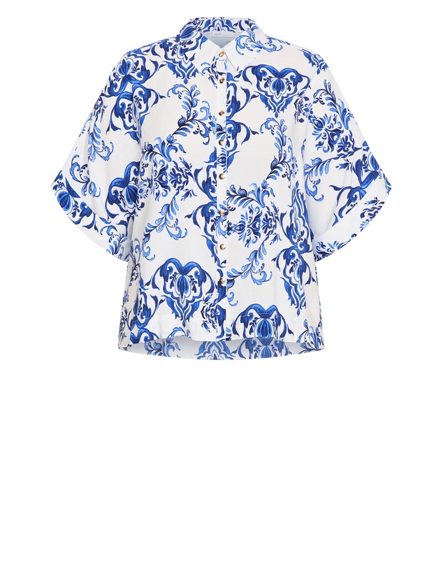 City Chic - Plus size Mykonos Print Relaxed Shirt - white