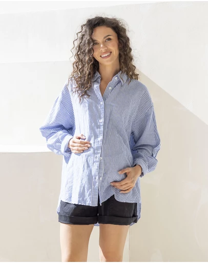 Angel Maternity - Maternity Roll Up Long Sleeve Shirt - Navy Stripe