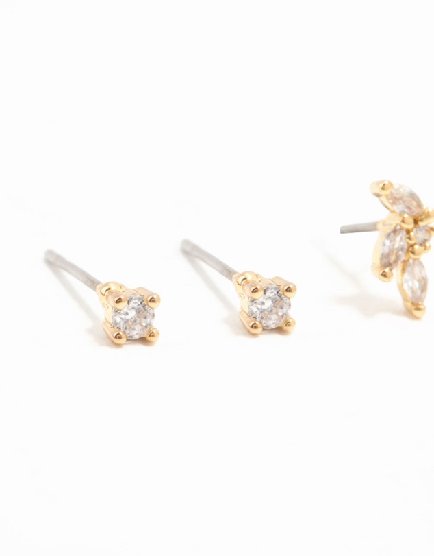 Lovisa - Gold Plated Brass Cubic Zirconia Flower Earrings 4-Pack