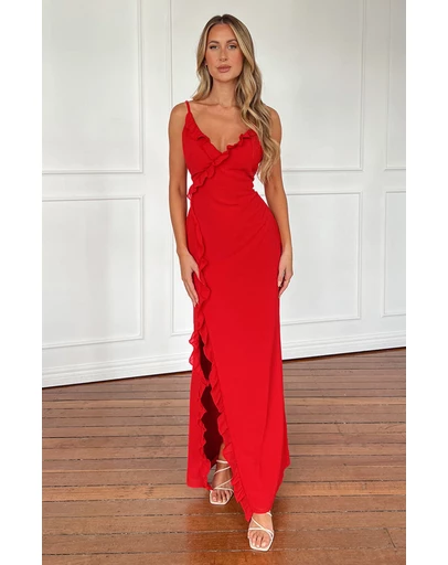 Beginning Boutique - Nahanee Red Ruffle Maxi Dress