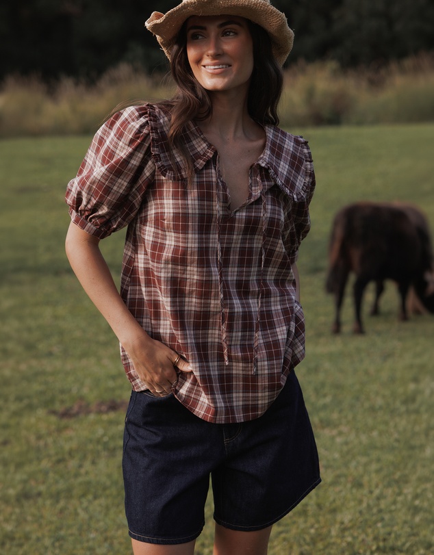 Petal & Pup - Evandri Frill Collar Top - Burgundy Plaid
