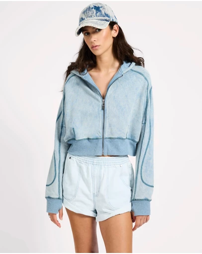 ONE TEASPOON - Cropped Fleece Zip Hoody - Washed Blue
