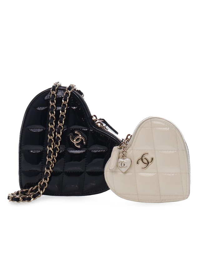 Pre-Loved by Azura Reborn - Pre-Loved Quilted Patent Duo Heart Clutch with Chain