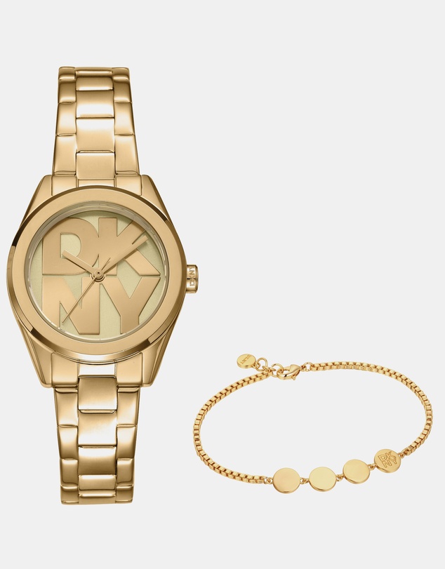 DKNY - Logo Gold 28mm Gold Dial Womens Watch + Gold Bracelet