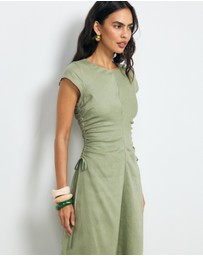 AERE - Lucia Ruched Linen Midi Dress