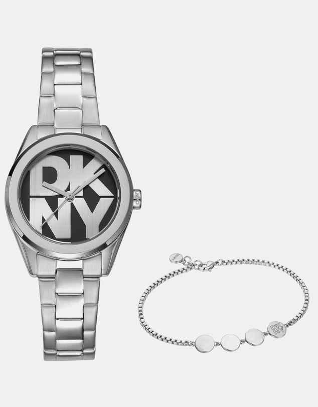 DKNY - Logo Silver 28mm Black Dial Womens Watch + Silver Bracelet