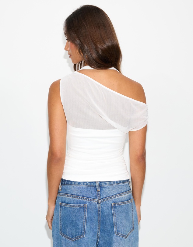 Dazie - Melton Off Shoulder Mesh Overlay Top