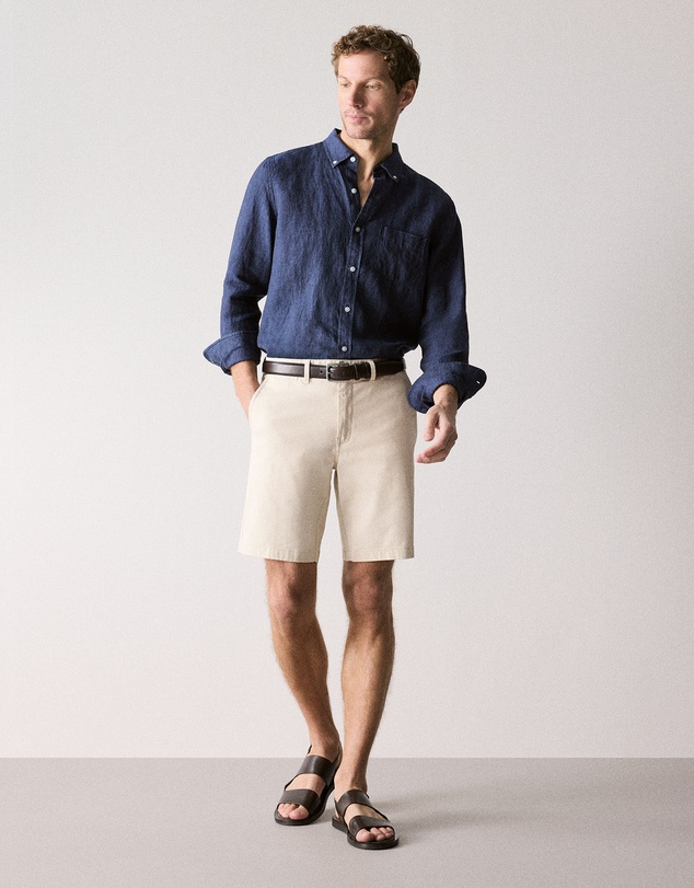 Trenery - Regular Fit Delave Linen Long Sleeve Shirt in French Navy
