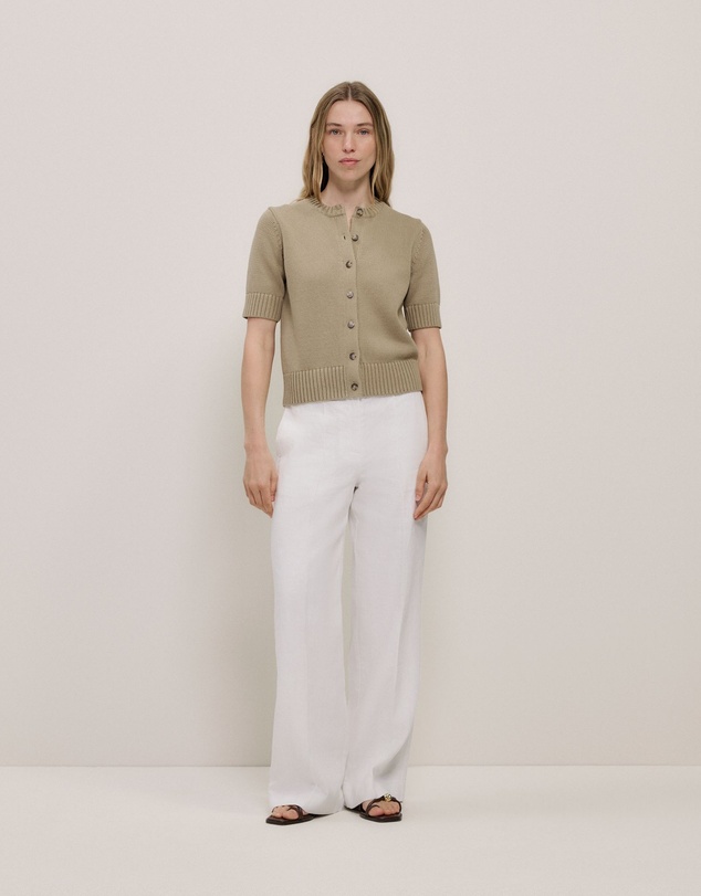Trenery - Cotton Knit Short Sleeve Cardigan in Olive Brown