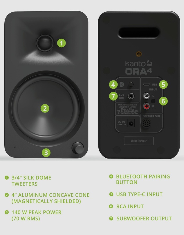 iWorld - Kanto ORA4 140W Powered Reference Speakers with USB-C Input and Bluetooth - Black, Pair