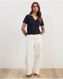 Atmos&Here - Issa Short Sleeve V-Neck Knit Polo with Contrast Trim