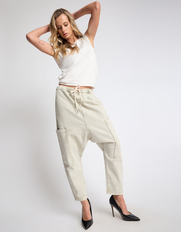 ONE TEASPOON - Isla Low Waist Drawstring Harem Denim Jeans - Antique Khaki