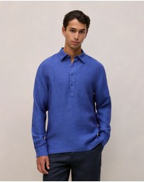 Trenery - Linen End On End Half Placket Shirt in Vivid Blue