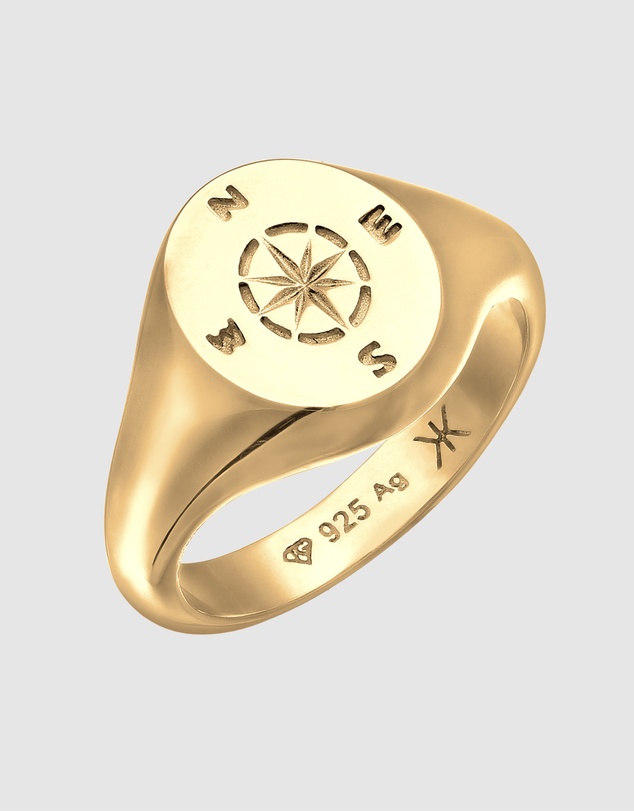 Kuzzoi - ICONIC EXCLUSIVE - Signet Ring with Compass Emblem in Gold-Plated 925 Sterling Silver
