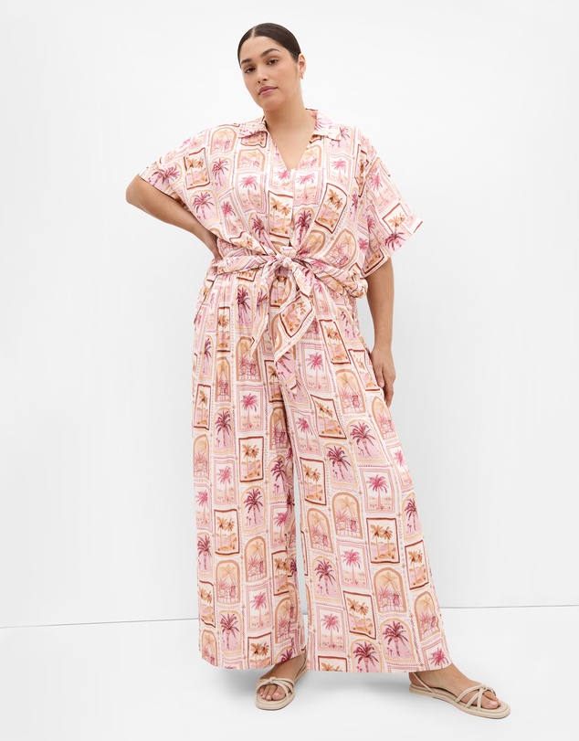 City Chic - Plus size Postcard Soiree Print Wide Leg Pant - sand